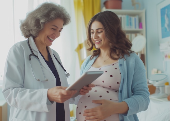 smiling-pregnant-woman-is-looking-tablet-screen-shown-her-by-healthcare-professional-medical-office-setting